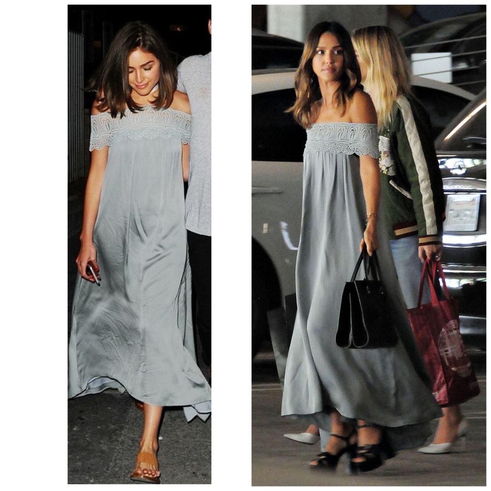 Self-Portrait Lace Shouldered Maxi Dress Silk Blend  Ice Grey Size 2 - Picture 17 of 17